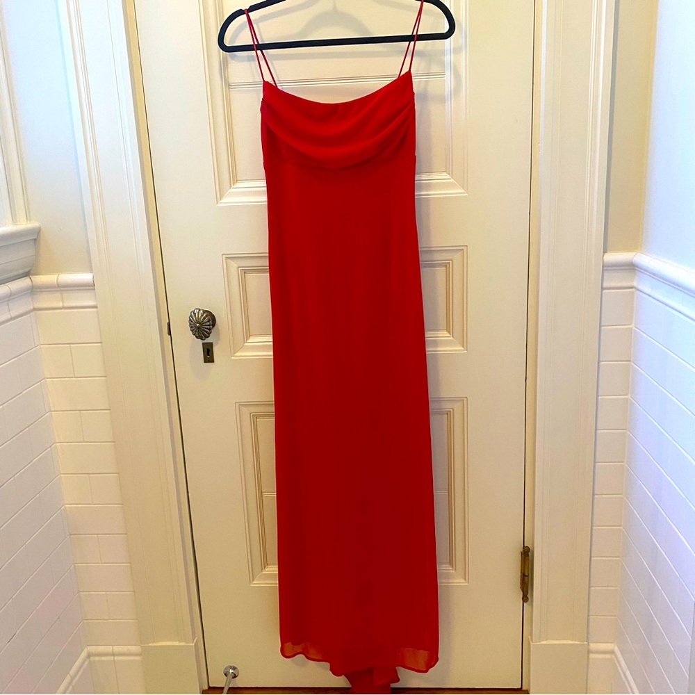 Red chiffon full length formal dress, size 7/8 (but runs more like a 4)